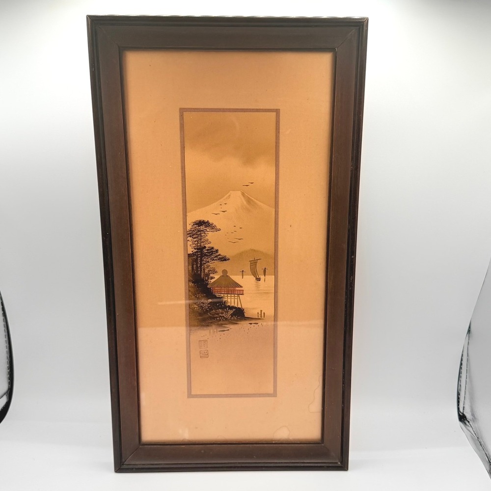 Vintage Japanese Landscape Art Framed Mount Fuji 1922 Brown Gold Fair 15x8 - Picture 1 of 14